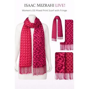 Isaac Mizrahi Live Womens Mixed Print Scarf Fuchsia‎ Burgundy Fringe A235348/71